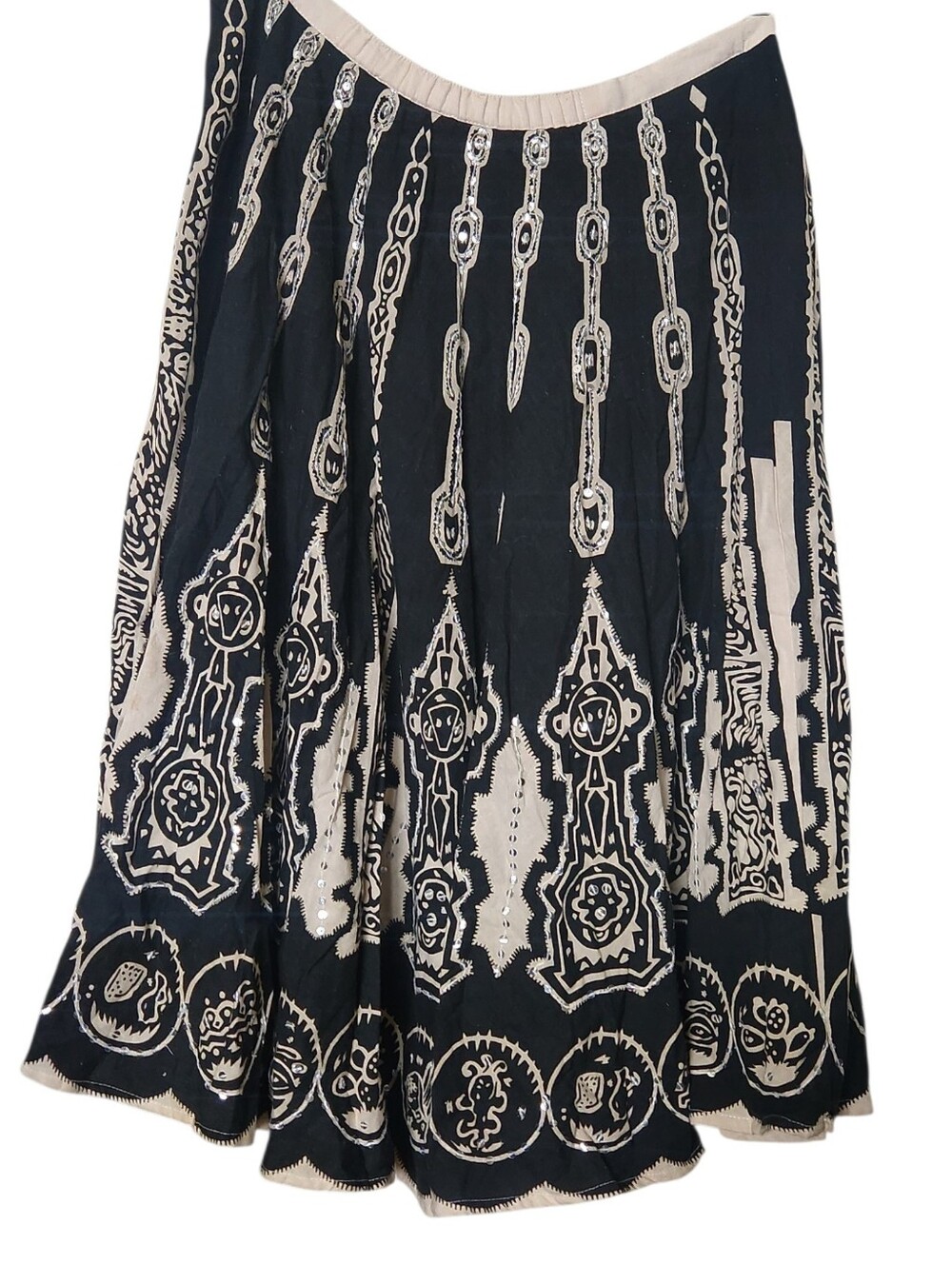 Boho Black and Cream Printed A-Line Midi Skirt Size M